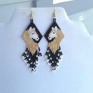 Native American Style Beaded Gold and White Horse Earrings Beautiful Southwestern, Boho, Gypsy, Brick Stitch, Peyote, Loom Great Gift image 7