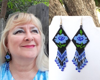 New Native American Style Beaded Blue Rose Earrings Southwestern, Boho, Victoriain, Gypsy Peyote Brick Stitch Great Gift Ready to Ship