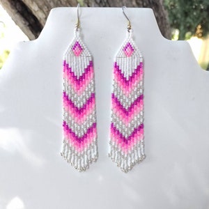 Native American Style Beaded Pink and White Earrings Shoulder Dusters Southwestern, Boho, Gypsy, Brick Stitch, Peyote, Great Gift image 5