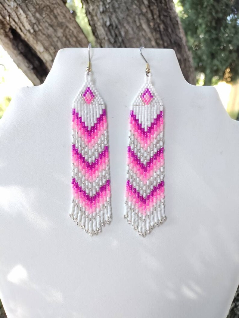 Native American Style Beaded Pink and White Earrings Shoulder Dusters Southwestern, Boho, Gypsy, Brick Stitch, Peyote, Great Gift image 5