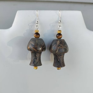 Hand-Crafted Resin Seaweed Mushroom Earrings with Tiger Eye Beads