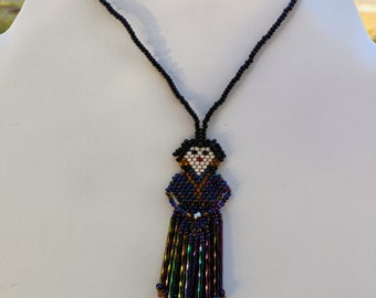 Beaded Native Indian Girl charm for mirror peacock seed beads Southwestern, Hippie, Bohemian, Brick Stitch, Fringe Great Gift Ready to Ship