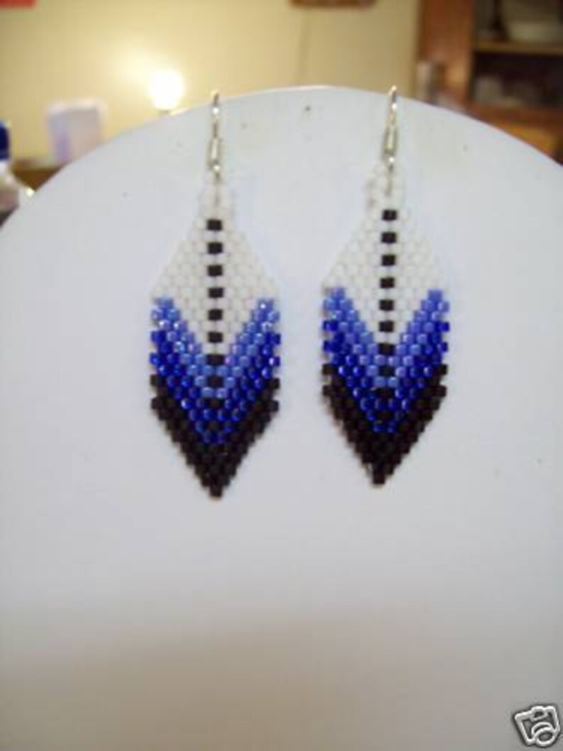 Native American Style Beaded Blue and White Small Feather Earring Southwestern, Bohemian, Hippie, Brick Gypsy, Great Gift ready to ship image 4