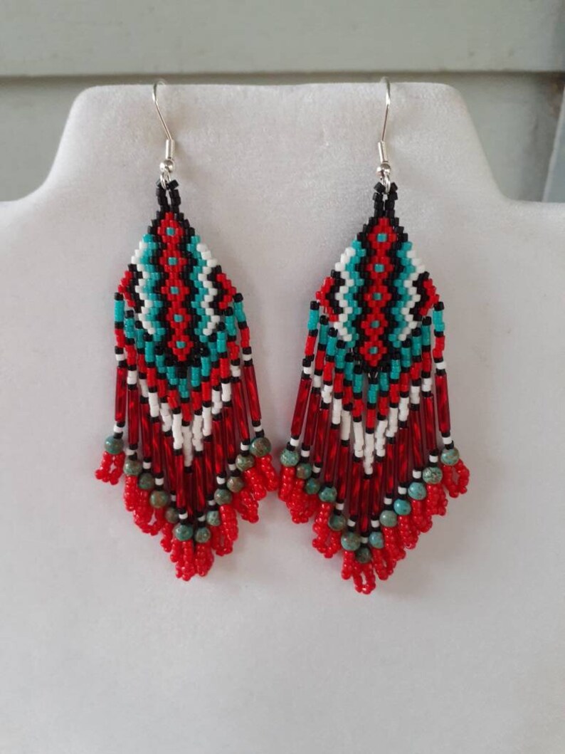 Native American Style Beaded Rug Earrings Black White Red - Etsy