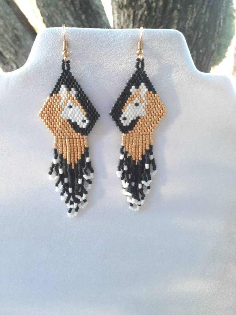 Native American Style Beaded Gold and White Horse Earrings Beautiful Southwestern, Boho, Gypsy, Brick Stitch, Peyote, Loom Great Gift image 8