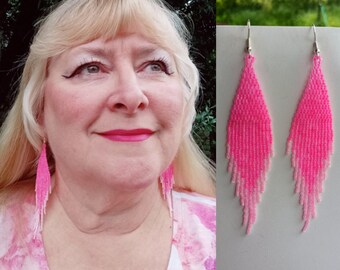 Native American Style Beaded Neon Hot Pink and Light Pink Wedding Earrings Bohemian, Southwestern, Hippie, Great Gift Ready to Ship