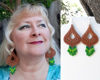 Bohemian Wood Beaded Fringe shoulder duster Earrings Ethnic, African, Statement, Southwestern, Light, Native,  Ready to Ship