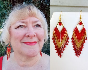 Native American Style Beaded Gold Metal Fringe Earrings Red, Gold Delica Southwestern, Gypsy Bohemian stitch Brick Stitch Gift Ready to Ship