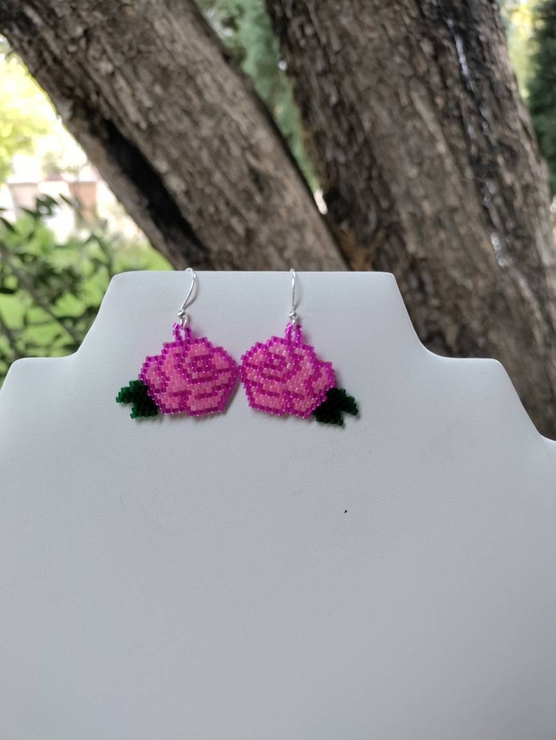 Beautiful Native American Style Beaded Pink Rose Flower Earrings Southwestern, Boho, Peyote Brick Stitch Great Gift image 8