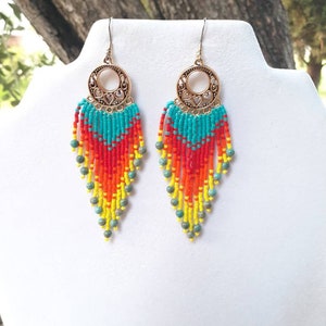 Turquoise Fringe Beaded Earrings: Native Style Southwestern Jewelry