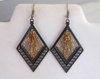 Peruvain Stlye Metallic Diamond Brown and Gold Thread Earrings Southwestern, Boho Hippie, Hipster, Gift, Mother, Sweet Heart, Ready to Ship