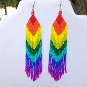 Rainbow Beaded Shoulder Duster Earrings: Native American Style