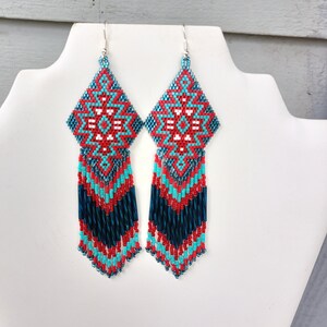 Native American Style Beaded Turquoise & Red Earrings Shoulder Duster Bohemian, Southwestern, Statement, Brick Stitch, Fringe Ready to Ship image 2