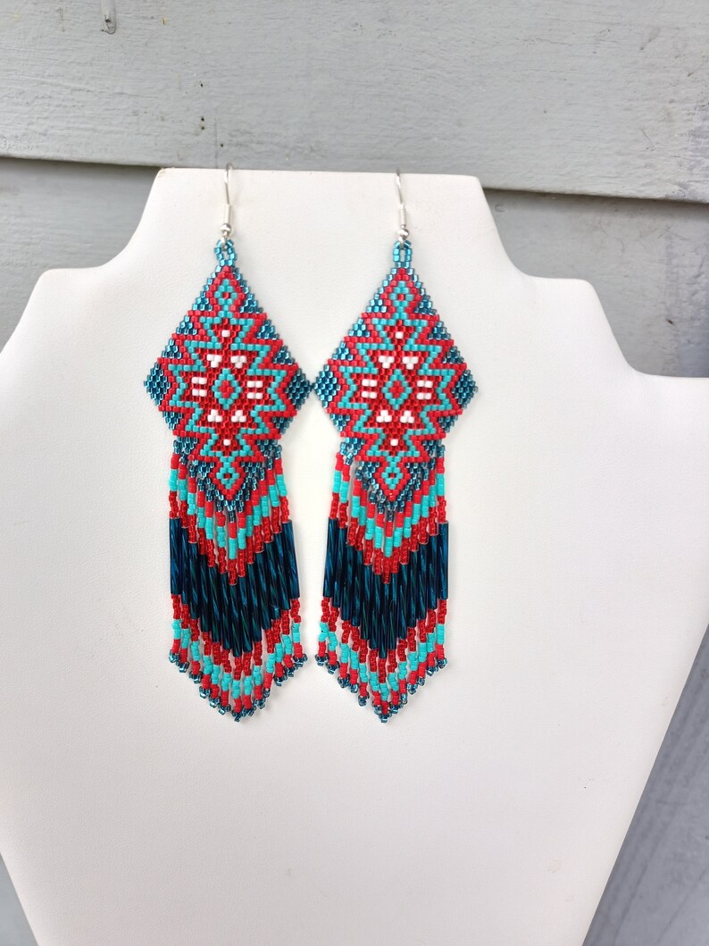 Native American Style Beaded Turquoise & Red Earrings Shoulder Duster Bohemian, Southwestern, Statement, Brick Stitch, Fringe Ready to Ship zdjęcie 2