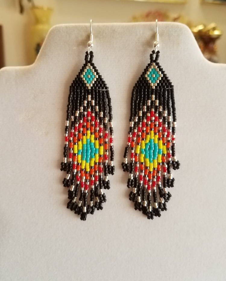 Native American Style Beaded Peacock Eye Earrings Black | Etsy