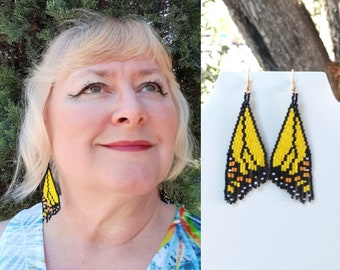 New Native American Style Beaded Monarch Butterfly Yellow and Black Wing Earrings Bohemian, Southwestern, Hippie, Great Gift Ready to Ship