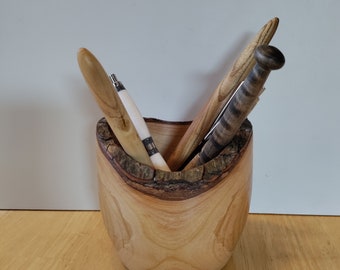 Lathe turned Live Natural Edge Plum Pencil Holder Keepsake, Trinket Bowl, shellac friction polish finish Ready to Ship