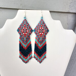 Native American Style Beaded Turquoise & Red Earrings Shoulder Duster Bohemian, Southwestern, Statement, Brick Stitch, Fringe Ready to Ship zdjęcie 6