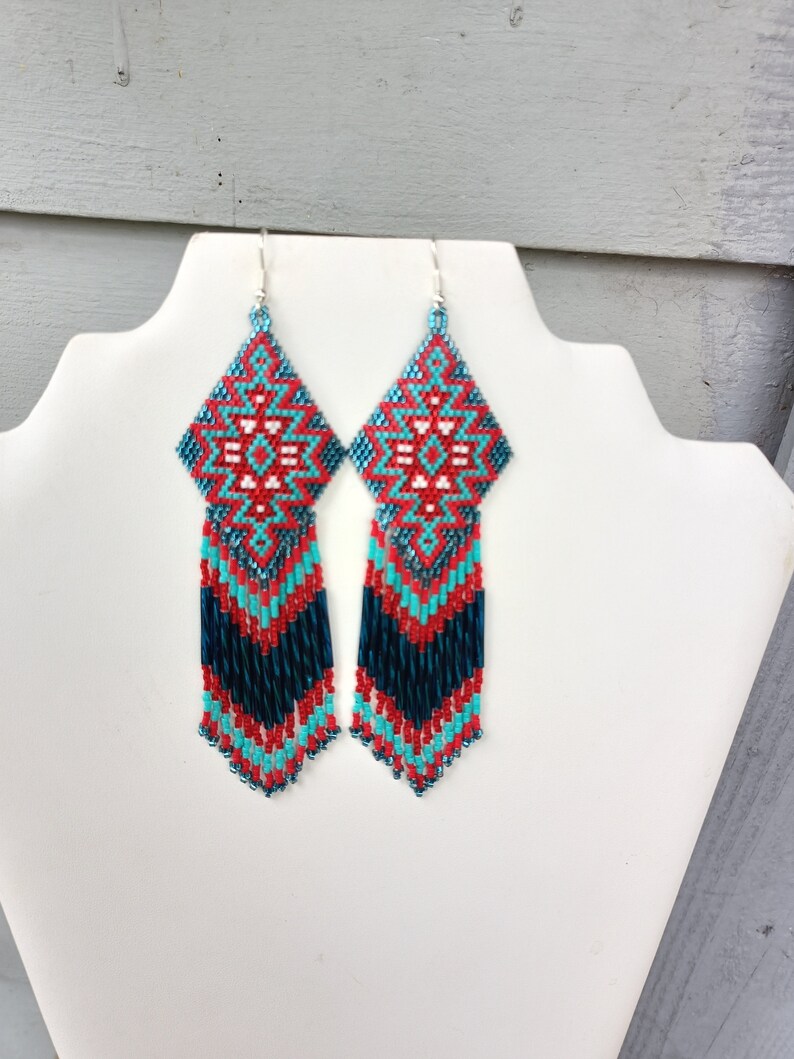 Native American Style Beaded Turquoise & Red Earrings Shoulder Duster Bohemian, Southwestern, Statement, Brick Stitch, Fringe Ready to Ship zdjęcie 6