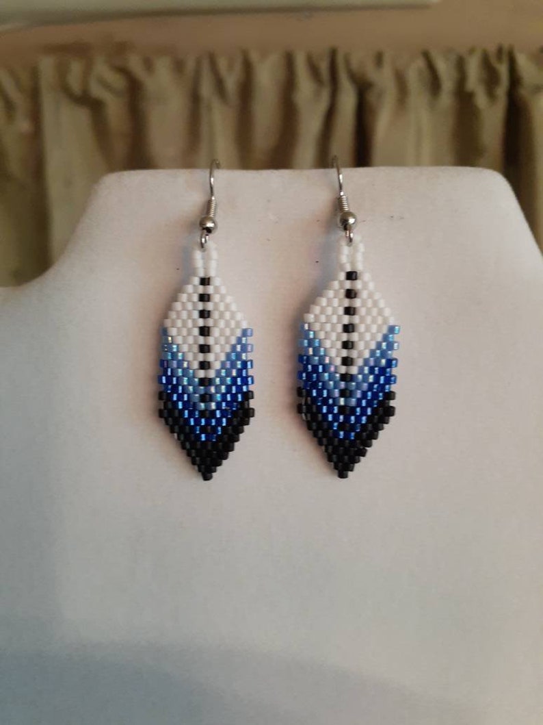 Native American Style Beaded Blue and White Small Feather Earring Southwestern, Bohemian, Hippie, Brick Gypsy, Great Gift ready to ship image 6