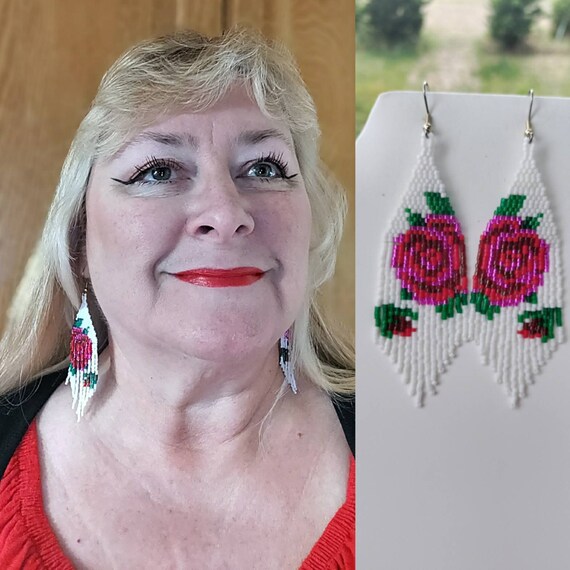 Beaded rose earrings clearance