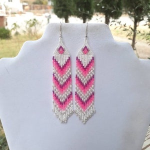 Native American Style Beaded Pink and White Earrings Shoulder Dusters Southwestern, Boho, Gypsy, Brick Stitch, Peyote, Great Gift image 7