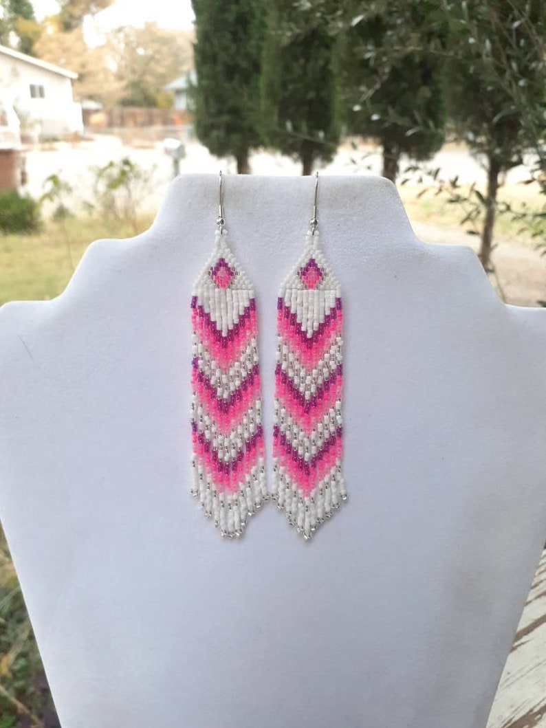 Native American Style Beaded Pink and White Earrings Shoulder Dusters Southwestern, Boho, Gypsy, Brick Stitch, Peyote, Great Gift image 7