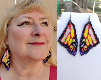 New Native American Style Beaded Large Exotic Butterfly Wings Earrings Bohemian Southwestern, Brick stitch, Great Gift Ready to Ship