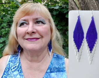 Native American Style Beaded Cobalt Blue and White Wedding Earrings Bohemian, Southwestern, Hippie, Twisted Great Gift Ready to Ship