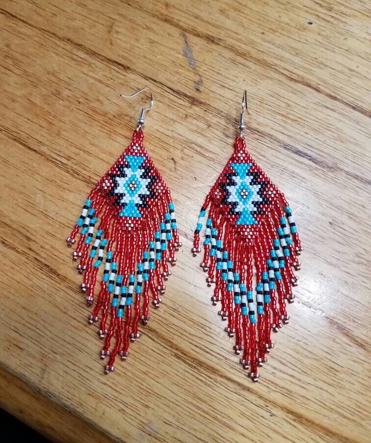 Native American Style Beaded Rug Earrings Black White Red | Etsy