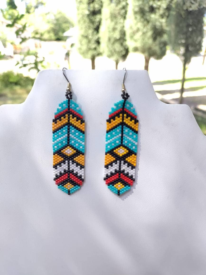 Native American Style Beaded Feather Earring Turquoise