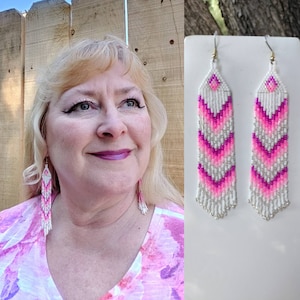 Native American Style Beaded Pink and White Earrings Shoulder Dusters Southwestern, Boho, Gypsy, Brick Stitch, Peyote, Great Gift image 1