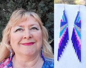 Beautiful Native American Style Beaded Dark Blue, Blue Silver and Hot Pink Earrings Southwestern Bohemian Brick Stitch Gypsy