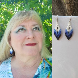 Native American Style Beaded Blue and White Small Feather Earring Southwestern, Bohemian, Hippie, Brick Gypsy, Great Gift ready to ship image 1