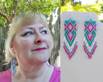 Native American Style Beaded Diamond Rug Earrings Turquoise Hot Pink Light Pink Silver Southwestern Bohemian, Peyote Brick Stitch Great Gift