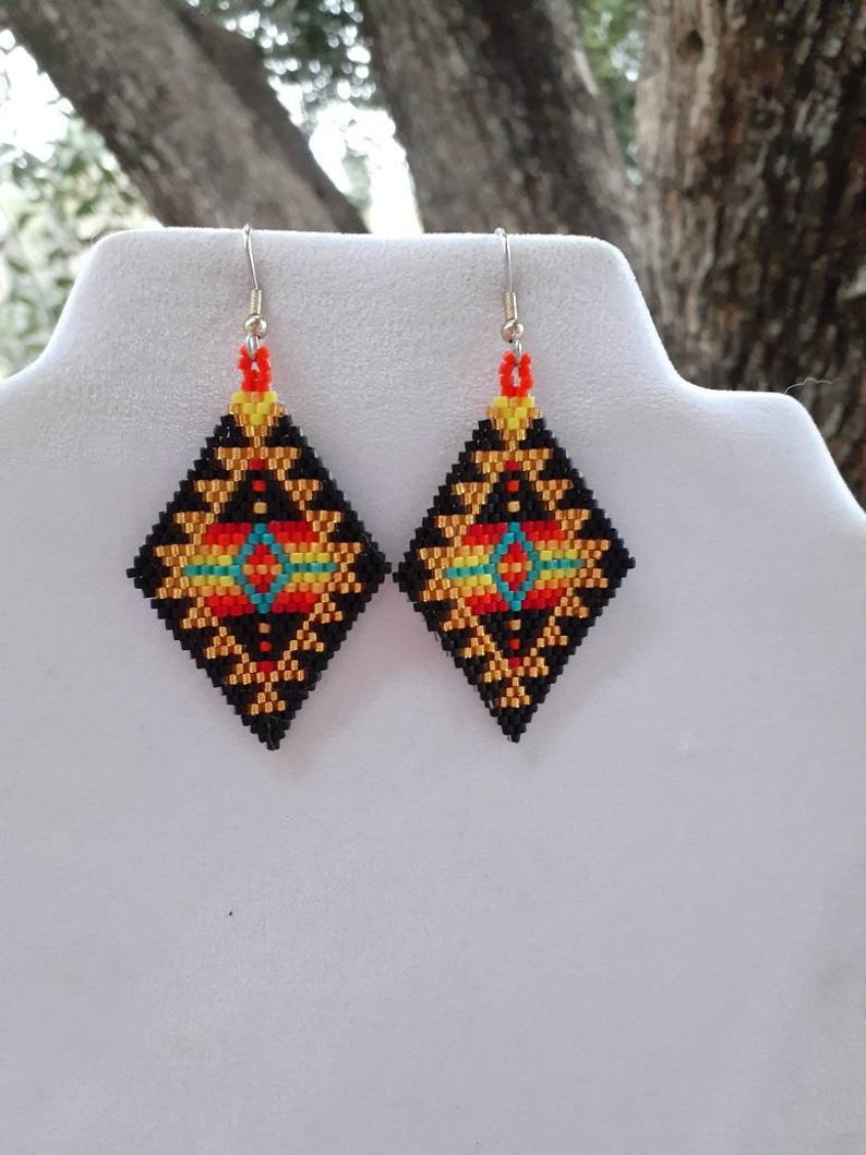 Gypsy Rug Tribal Ready to Ship Native American Style Beaded Gold /& Turquoise Blanket Earrings No Fring Southwestern Brick Stitch Peyote