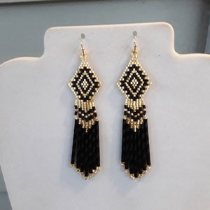Indigenous Style Beaded Classic Earrings in Black Gold Southwestern, Bohemian, Hippie, Brick Stitch, Peyote, Native Great Gift Ready to Ship