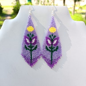 Native American Style Beaded Purple Color Flower Violet Earrings Brick Stitch Bohemian Southwestern Hippie Hand Made Great Gift Ready to Shi image 2