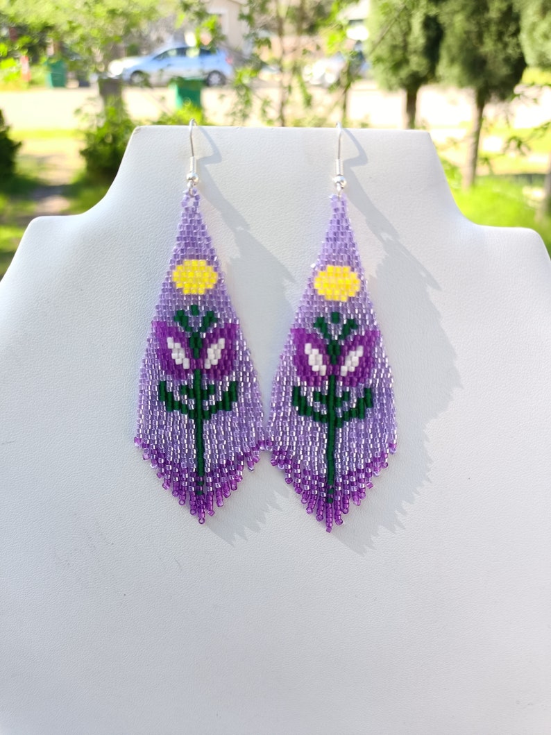 Native American Style Beaded Purple Color Flower Violet Earrings Brick Stitch Bohemian Southwestern Hippie Hand Made Great Gift Ready to Shi image 2