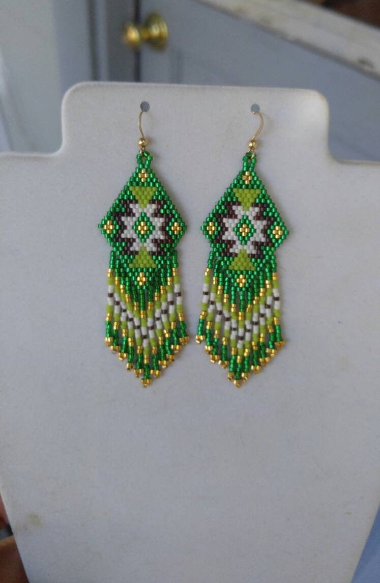 Native American Style Beaded Rug Earrings Emerald Green Gold | Etsy