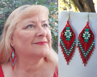 Native American Style Beaded Rug Earrings Black, White, Red and Turquoise Bohemian, Southwestern, Geometric, Brick Stitch Gift