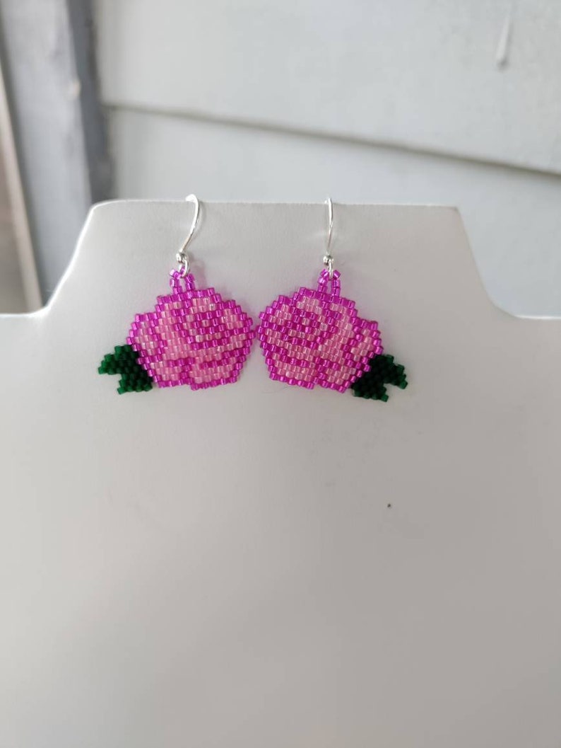 Beautiful Native American Style Beaded Pink Rose Flower Earrings Southwestern, Boho, Peyote Brick Stitch Great Gift image 7
