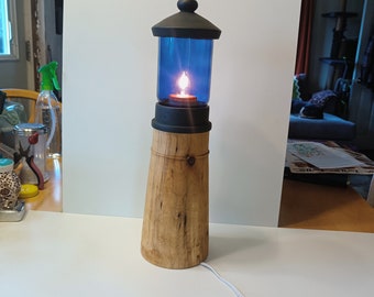 Lighthouse Night Light, Beautifully handcrafted, Lathe turned, Spalted Birch with blue glass, Great Gift Ready to Ship