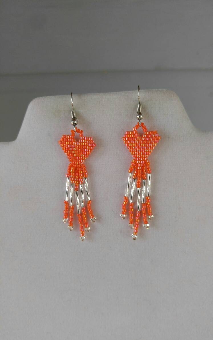 Native American Style Beaded Heart Earrings Orange and Silver | Etsy