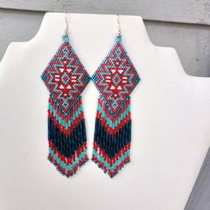Native American Style Beaded Turquoise & Red Earrings Shoulder Duster Bohemian, Southwestern, Statement, Brick Stitch, Fringe Ready to Ship image 3