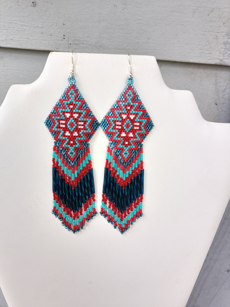 Native American Style Beaded Turquoise & Red Earrings Shoulder Duster Bohemian, Southwestern, Statement, Brick Stitch, Fringe Ready to Ship zdjęcie 3