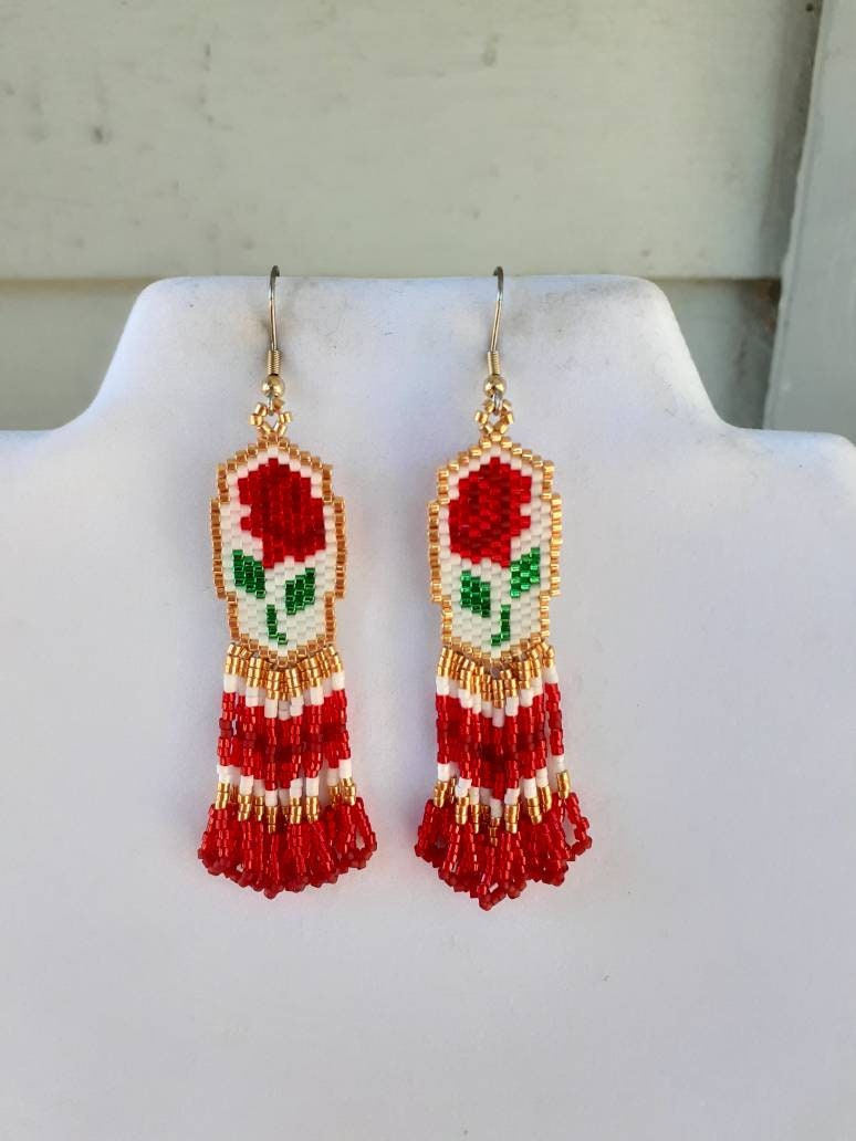 Native American Style Red Rose Beaded Earrings Southwestern | Etsy