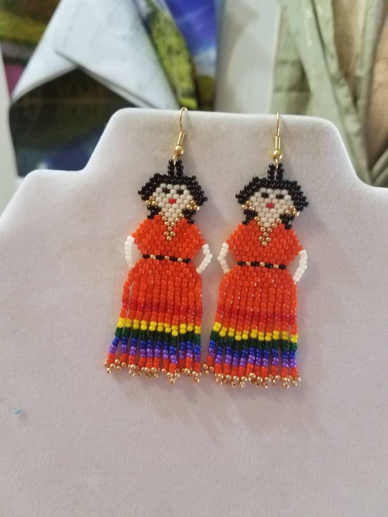 Mexican Fiesta Doll Beaded Earrings Orange Red Green Etsy