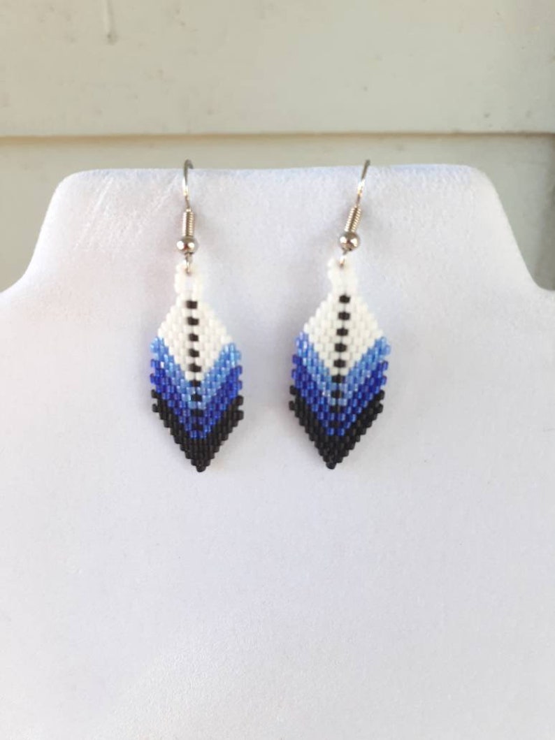 Native American Style Beaded Blue and White Small Feather Earring Southwestern, Bohemian, Hippie, Brick Gypsy, Great Gift ready to ship image 10