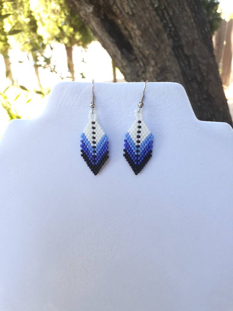 Native American Style Beaded Blue and White Small Feather Earring Southwestern, Bohemian, Hippie, Brick Gypsy, Great Gift ready to ship image 2